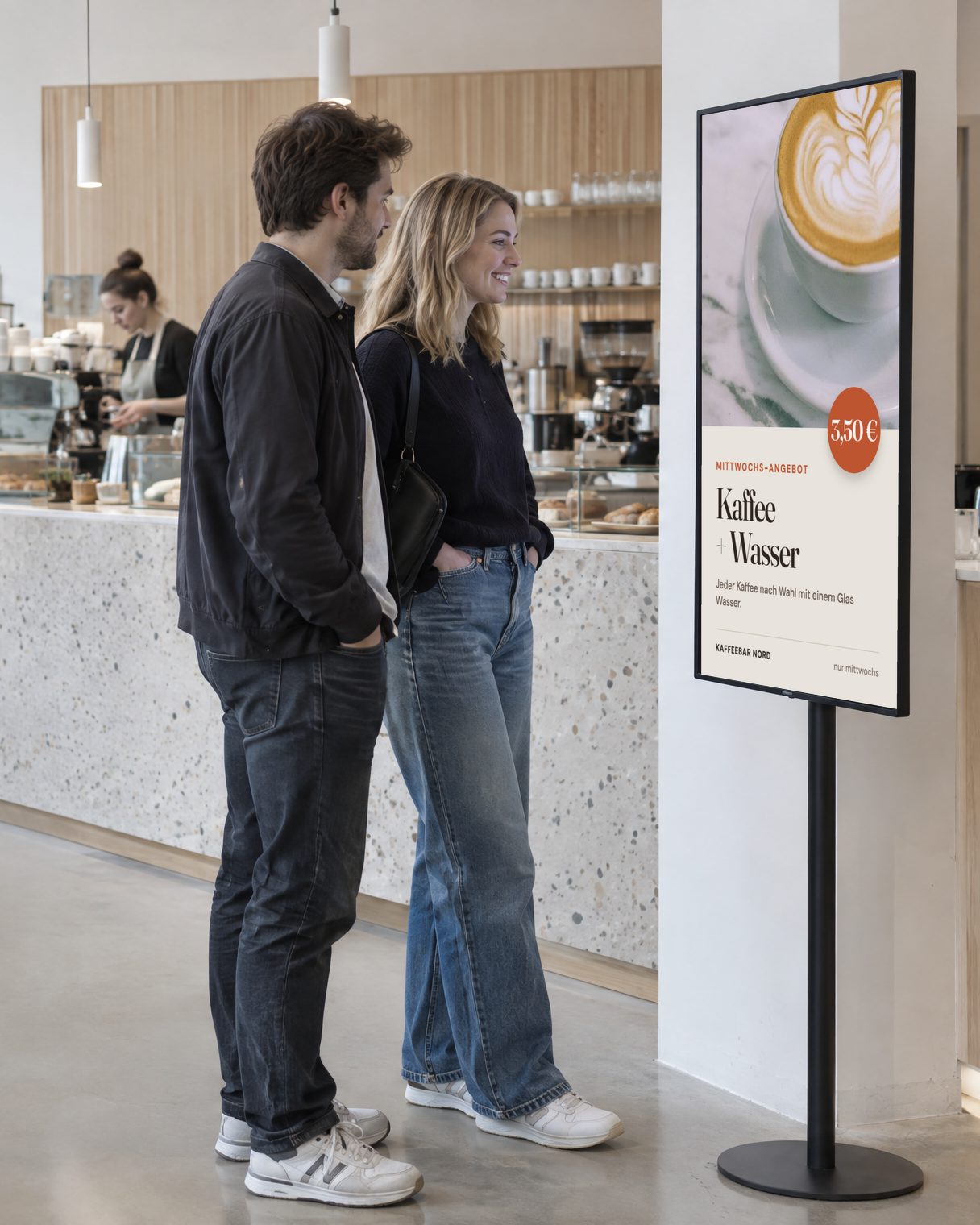 Zwei Gäste in einem Café lesen das Mittwochs-Angebot auf einem hochkant stehenden Bildschirm.